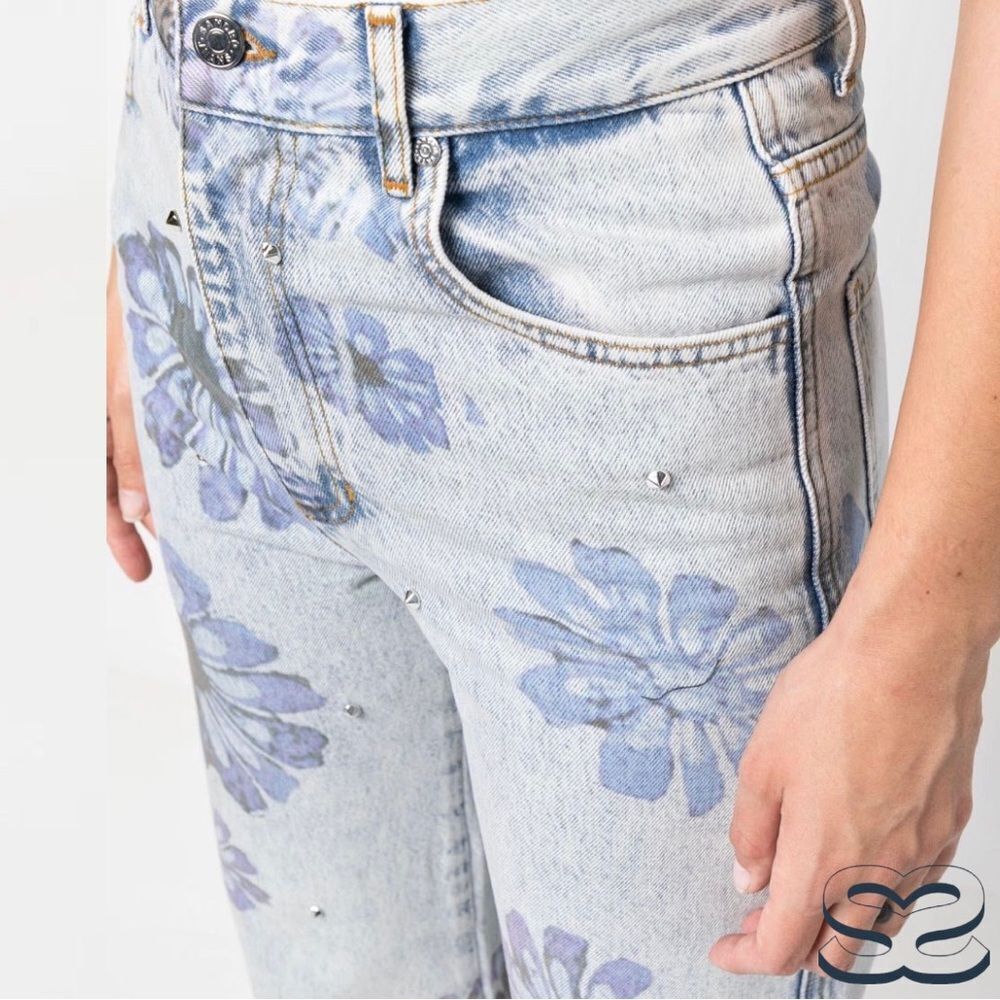 Sandro **NWT** Blossom Floral Print Rhinestone Straight Jeans in Blue Je… - Picture 11 of 15